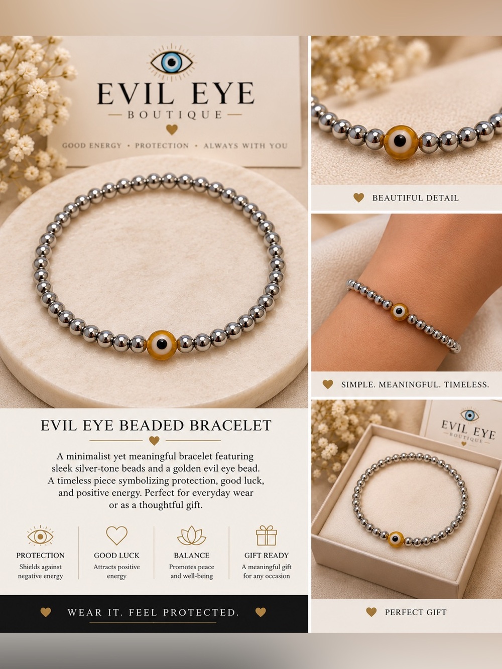 🧿Silver-Tone Beaded Bracelet with Gold Evil Eye #5